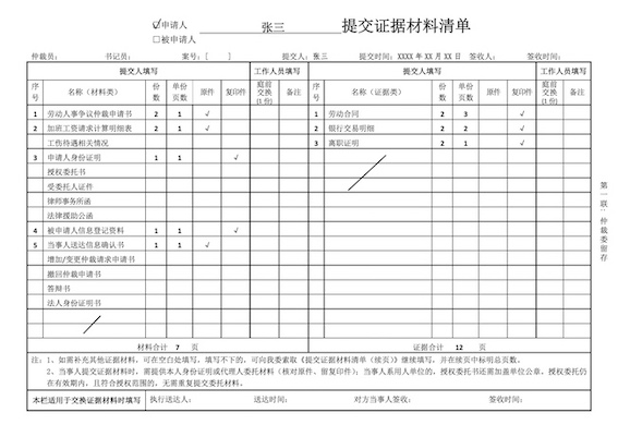 提交证据材料清单填写样本